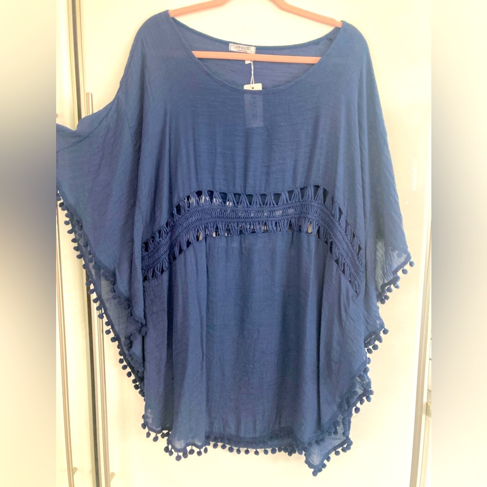 Swim coverup Navy crochet pom pom trim XL